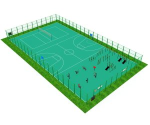 Ограждённая спортивная площадка с тремя секторами: под игру в теннис, баскетбол, сектор с тренажёрами и воркаутом.