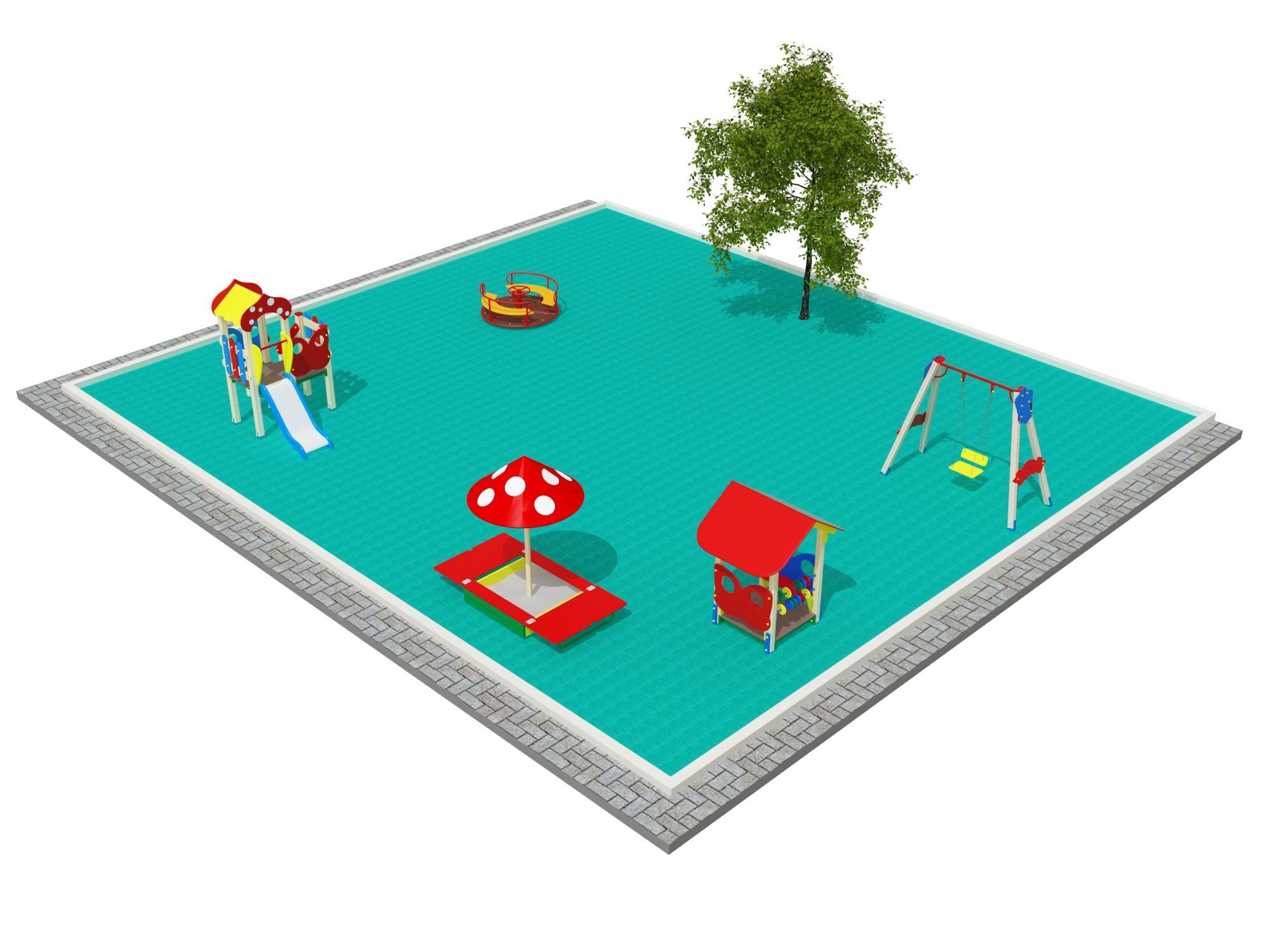 Детская площадка с грибком, домиком, качелями и каруселью